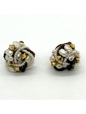 Vintage Faux Pearl Clip-On Earrings Gold-Tone Cluster Mid-Century 1950-1960